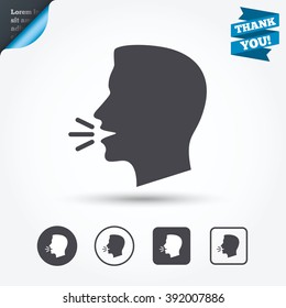 Talk or speak icon. Loud noise symbol. Human talking sign. Circle and square buttons. Flat design set. Thank you ribbon.