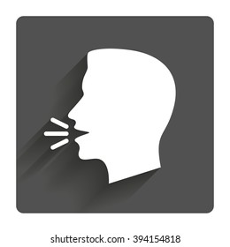 Talk or speak icon. Loud noise symbol. Human talking sign. Gray flat square button with shadow. Modern UI website navigation.