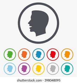 Talk or speak icon. Loud noise symbol. Human talking sign. Round circle buttons with frame.