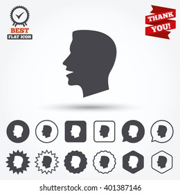 Talk or speak icon. Loud noise symbol. Human talking sign. Circle and square buttons. Star labels and award medal. Thank you ribbon.