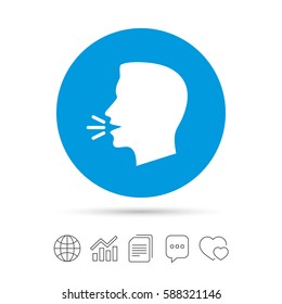 Talk or speak icon. Loud noise symbol. Human talking sign. Copy files, chat speech bubble and chart web icons. Vector