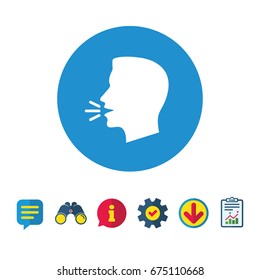 Talk or speak icon. Loud noise symbol. Human talking sign. Information, Report and Speech bubble signs. Binoculars, Service and Download icons. Vector