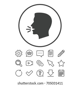 Talk or speak icon. Loud noise symbol. Human talking sign. Document, Chat and Paper clip line signs. Question, Pencil and Calendar line icons. Star, Download and Shopping cart. Vector