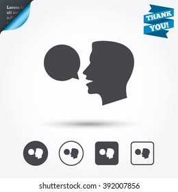Talk or speak icon. Speech bubble symbol. Human talking sign. Circle and square buttons. Flat design set. Thank you ribbon.
