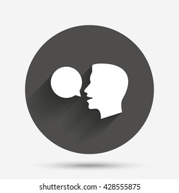 Talk or speak icon. Speech bubble symbol. Human talking sign. Circle flat button with shadow. Vector