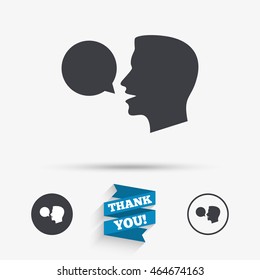 Talk or speak icon. Speech bubble symbol. Human talking sign. Flat icons. Buttons with icons. Thank you ribbon. Vector