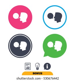 Talk or speak icon. Speech bubble symbol. Human talking sign. Report document, information sign and light bulb icons. Vector