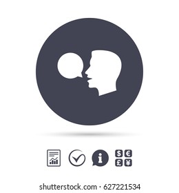 Talk or speak icon. Speech bubble symbol. Human talking sign. Report document, information and check tick icons. Currency exchange. Vector