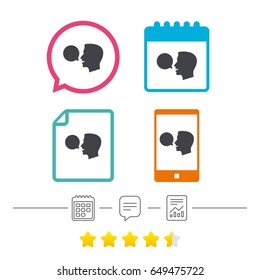 Talk or speak icon. Speech bubble symbol. Human talking sign. Calendar, chat speech bubble and report linear icons. Star vote ranking. Vector