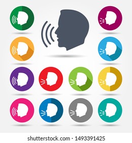 Talk or speak icons. Speaking control sign, system voice command, human scream or talking icon for meeting, communication chat or life conversation, vector illustration