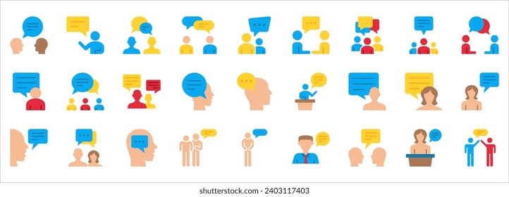 Talk, speech, discussion, dialog, meeting, chat, conference, speaking icon set, vector illustration on white background