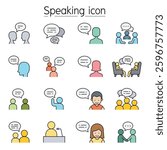 Talk, speech, discussion, dialog, speaking, chat, conference, meeting icon set in color line style