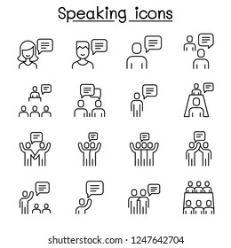 Talk, Speech, Discussion, Dialog, Speaking, Chat, Conference, Meeting Icon Set In Thin Line Style