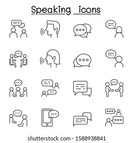 Talk, speech, discussion, dialog, speaking, chat, conference, meeting icon set in thin line styl