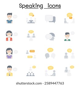 Talk, speech, discussion, dialog, speaking, chat, conference, meeting icon set in flat color style