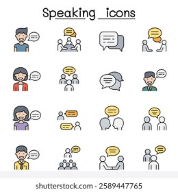 Talk, speech, discussion, dialog, speaking, chat, conference, meeting icon set color line style