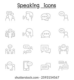 Talk, speech, discussion, dialog, speaking, chat, conference, meeting icon set in thin line style