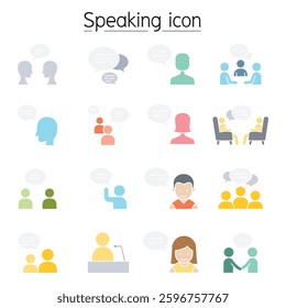Talk, speech, discussion, dialog, speaking, chat, conference, meeting icon set in flat color style