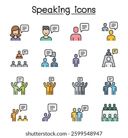 Talk, speech, discussion, dialog, speaking, chat, conference, meeting icon set in colorline style