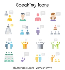 Talk, speech, discussion, dialog, speaking, chat, conference, meeting icon set in flat color style