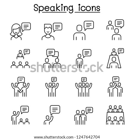 Talk, speech, discussion, dialog, speaking, chat, conference, meeting icon set in thin line style