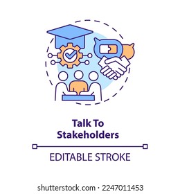 Talk to stakeholders concept icon. Launching school learning management system abstract idea thin line illustration. Isolated outline drawing. Editable stroke. Arial, Myriad Pro-Bold fonts used