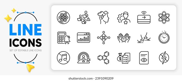 Talk, Teamwork und Chemistry Atom Line Icons für App sind unter anderem Accounting wealth, Lgbt, Mindfulness Stress Umriss Thin Icon. Kabelabschnitt, Marketing-Statistiken, Safe-Time-Piktogramm-Symbol. Vektorgrafik