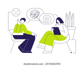 Talk therapy abstract concept vector illustration. Psychiatrist talks with drug addict patient, medicine sector, substance abuse treatment, conversation with psychotherapist abstract metaphor.