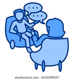 Icono de terapia de conversación representado por conversación, terapeuta, cliente estilo azul.