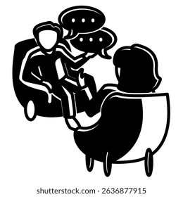 Talk Therapy icon represented by conversation, therapist, client Black Filled style.