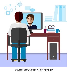 Habla por Internet. Estudiante y tutor se comunican a través de Internet. Concepto de educación electrónica, a distancia y en línea. Ilustración del vector