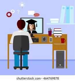 Talk through the Internet. Student and tutor communicate via Internet. E-learning, distance and online education concept. Vector illustration