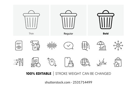 Talk, Trash bin and Qr code line icons. Pack of View document, Approved message, Sound wave icon. Support, Food delivery, Internet search pictogram. Inflation, Scroll down, Phone wallet. Vector