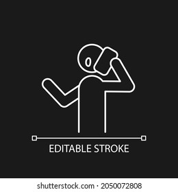 Talk via phone white linear icon for dark theme. Making telephone call. Person calling on phone. Thin line customizable illustration. Isolated vector contour symbol for night mode. Editable stroke