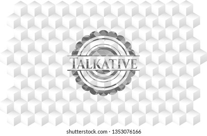 Talkative realistic grey emblem with geometric cube white background