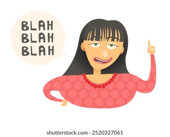 A talkative woman in a red dress with loose hair teaches raising a finger up. Cartoon funny character.