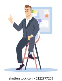 Talking about business ideas semi flat RGB color vector illustration. Man in suit isolated cartoon character on white background