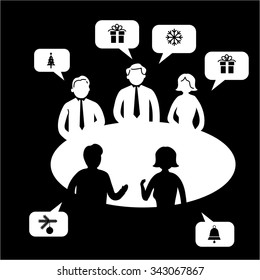 Talking about christmas on business meeting vector icon | white flat design pictogram illustration and infographic isolated on black background