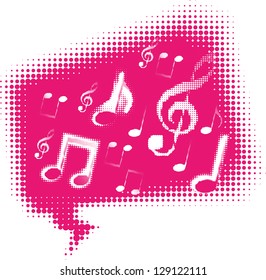 Talking about music.  Music note in the speech bubble. You can use in concerts, recitals, concerts, pub or bar background. (Vector halftone design)