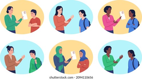Talking about poor grades with mom 2D vector isolated illustration set. Displeased mother and sad child flat characters on cartoon background. Academic performance colourful scene collection