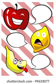 talking apple lemon and banana with speech bubbles