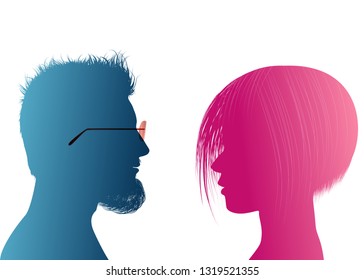 Talking between a man and a woman. Conversation between couple. Dialogue between people. Communication between businesswoman and businessman. Vector Silhouette of colored profile