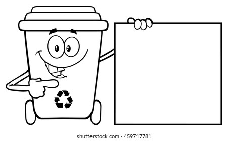 Talking Black And White Recycle Bin Cartoon Mascot Character Pointing To A Blank Sign Banner. Vector Illustration Isolated On White Background