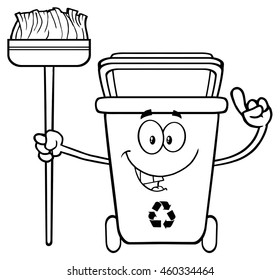 Talking Black And White Recycle Bin Cartoon Mascot Character Pointing To A Open Lid. Vector Illustration Isolated On White Background