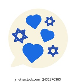 Talking bubble filled with stars and patriotic hearts signs. Festive solid milk element, attribute of Jewish holiday. Cartoon flat vector icon in national colors of Israel flag isolated
