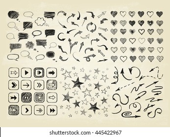 Talking bubble set and collection of stars, arrows, hearts. Set of hand drawn symbols. Vector illustration.