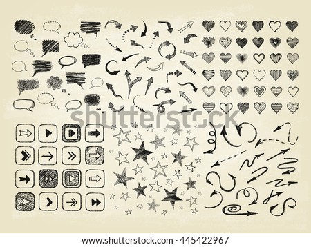 Talking bubble set and collection of stars, arrows, hearts. Set of hand drawn symbols. Vector illustration.