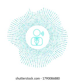 talking business man in badge with blue dots