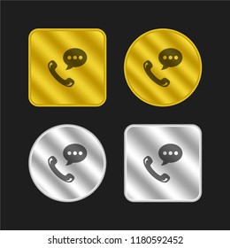 Talking by phone auricular symbol with speech bubble gold and silver metallic coin logo icon design