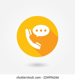 Talking by phone auricular symbol with speech bubble. Phone and bubble speech icon. Flat icon with long shadow